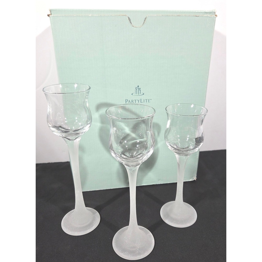 PartyLite P9248 Frosted Shimmer Glass Votive Holder Set Clear Tulip Stemware